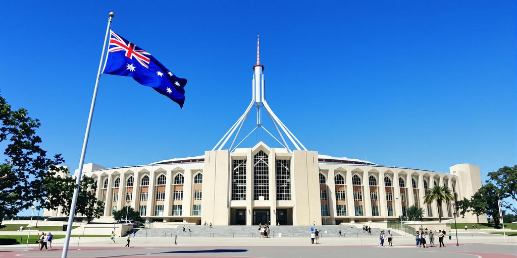 Australian Parliament House with flag.